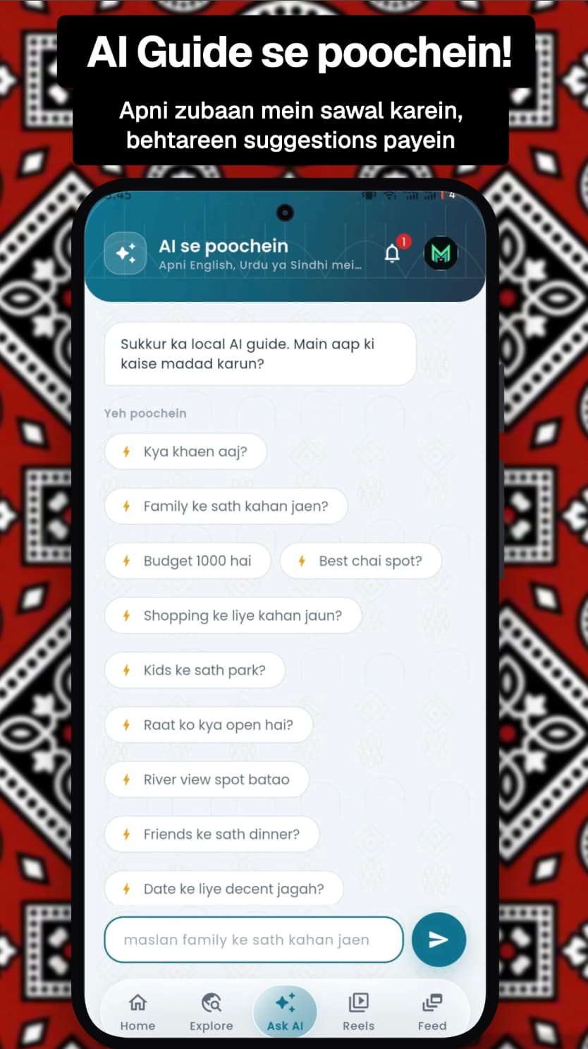Sukkur App AI guide with suggested Roman Urdu questions