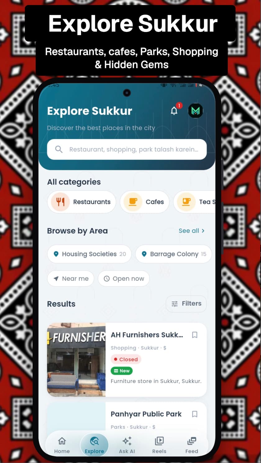 Explore Sukkur screen with categories, areas, nearby and open-now filters