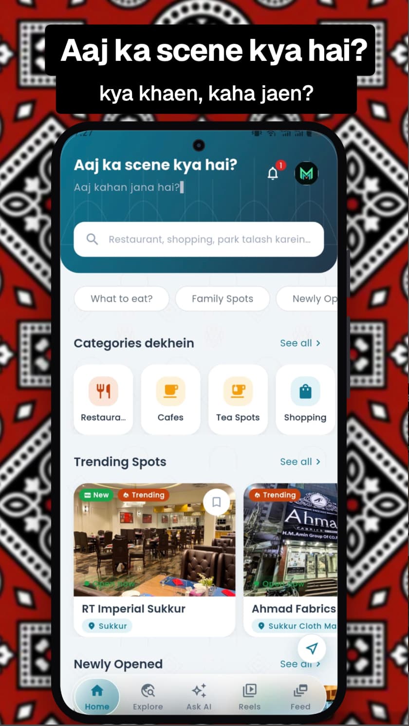 Sukkur App Home screen with categories and trending local places