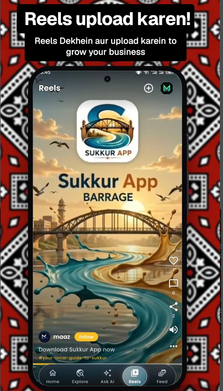 Sukkur App Reels screen showing a local creator video